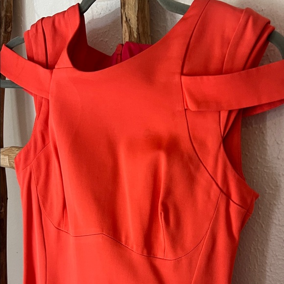 Reiss Orange-Red Coral Fitted Bodycon Cap-Sleeve Midi Sheath Dress 2 Stretch - Picture 5 of 12